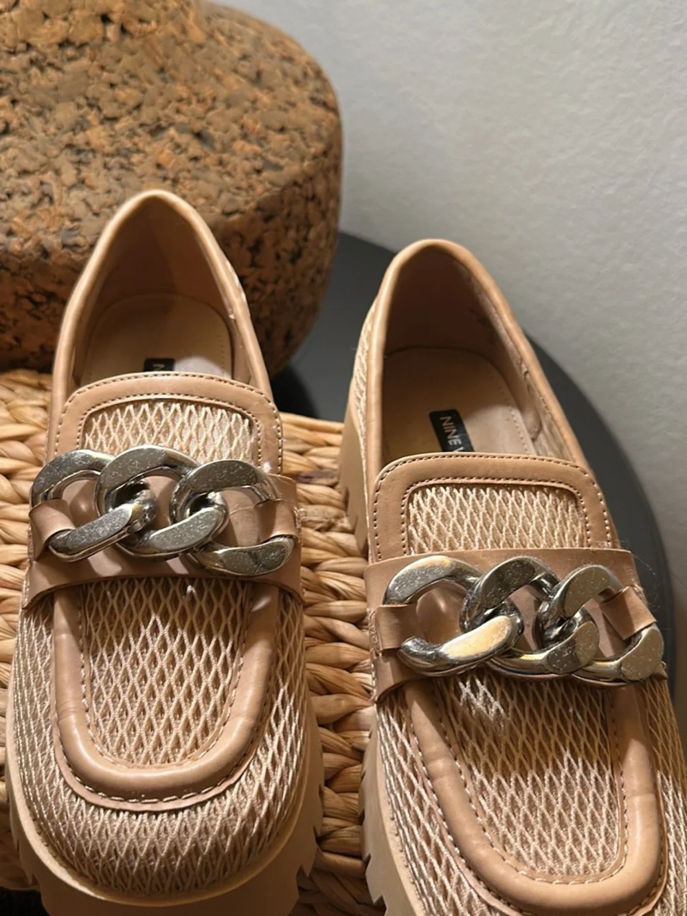 Nine West Tan Chunky Chain-Trim Loafers